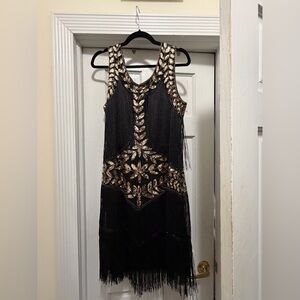 Babeyond Black Flapper Fringe Midi Dress with Gold Sequin Motif